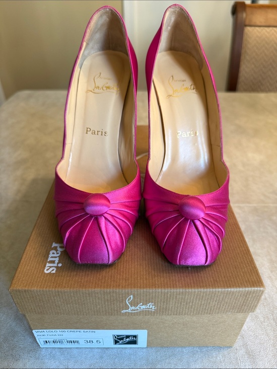 Christian Louboutin Shoes - Christian Louboutin Fuchsia Satin Ruched Peep-Toe Pumps